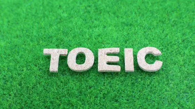 緑の芝生の背景に白いブロック体で「TOEIC」という文字が書かれており、英語能力に重点を置いていることが強調されています。