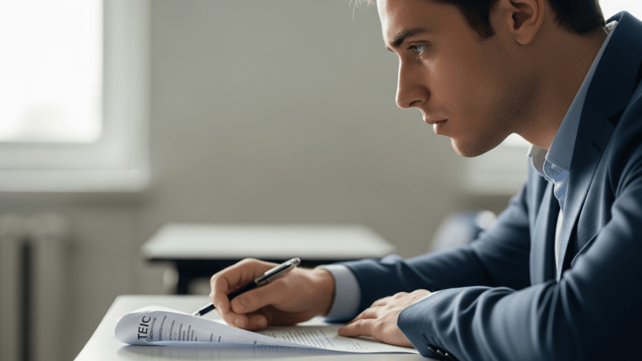 スーツを着た若い男性が机に座り、用紙やテストにペンで記入している。教室かオフィスのような場所で、近くの窓から差し込む自然光に照らされながら、集中して真剣な表情をしている。.