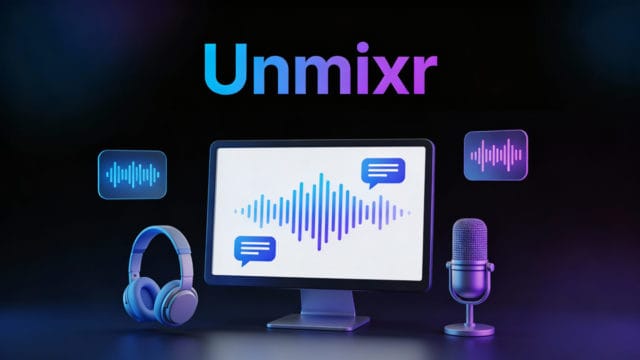 オーディオ波形とチャットバブルが表示されたコンピューターモニター。マイクとヘッドホンに囲まれ、暗い背景にグラデーションのテキストで「Unmixr」の文字が上にある。.