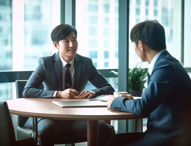 大きな窓のある明るいオフィスで、スーツを着た 2 人が円卓に座っています。1 人は笑顔でペンを持ち、熱心に話を聞いています。テーブルの上には書類とカップが置かれており、ビジネス ミーティングや話し合いが行われていることを示しています。.
